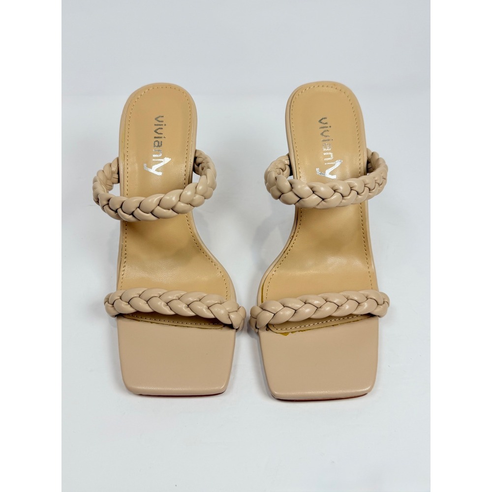 Vivianly Braided Double Strap Mule Heels Nude Beige Square Toe Stiletto Size 6 - Picture 2 of 7